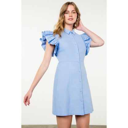 THML - Flutter Sleeve Button Up Dress - Blue