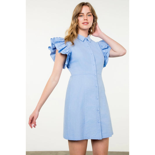 THML - Flutter Sleeve Button Up Dress - Blue