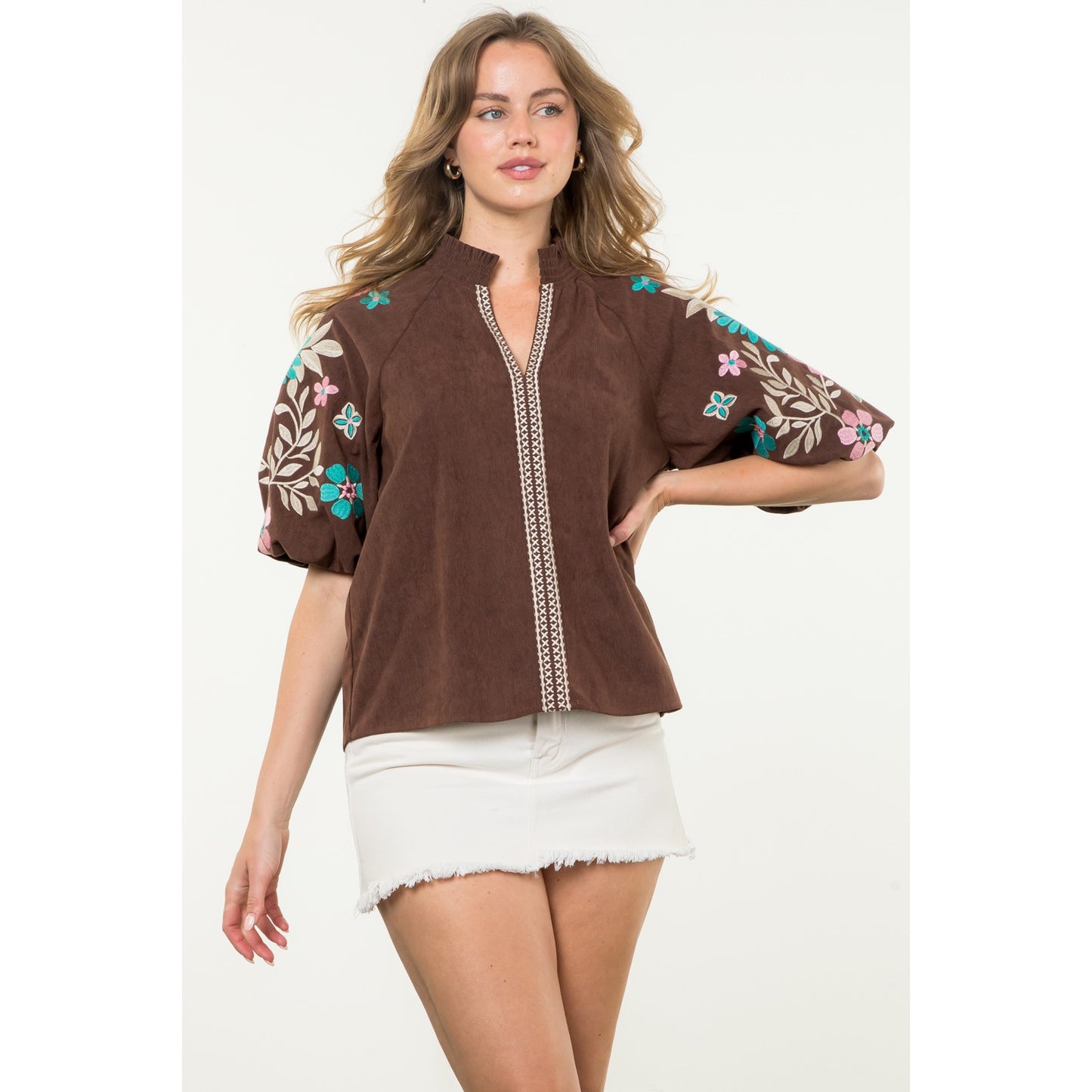 THML - Embroidered Puff Sleeve Corduroy Top - Brown