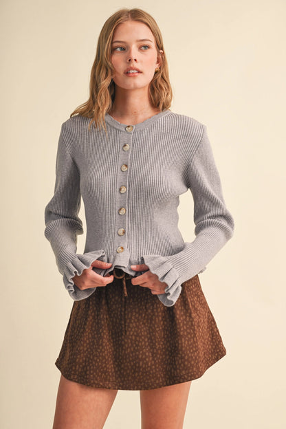 Ruffle Hem Ribbed Knit Sweater Cardigan - Heather Grey