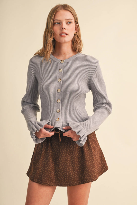 Ruffle Hem Ribbed Knit Sweater Cardigan - Heather Grey