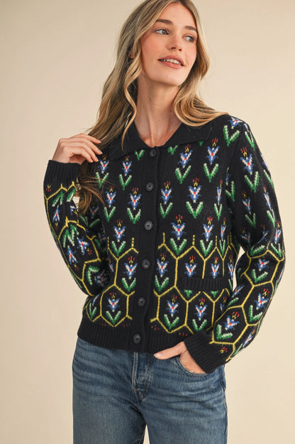 Floral Knit Collared Sweater Cardigan - Black Multi