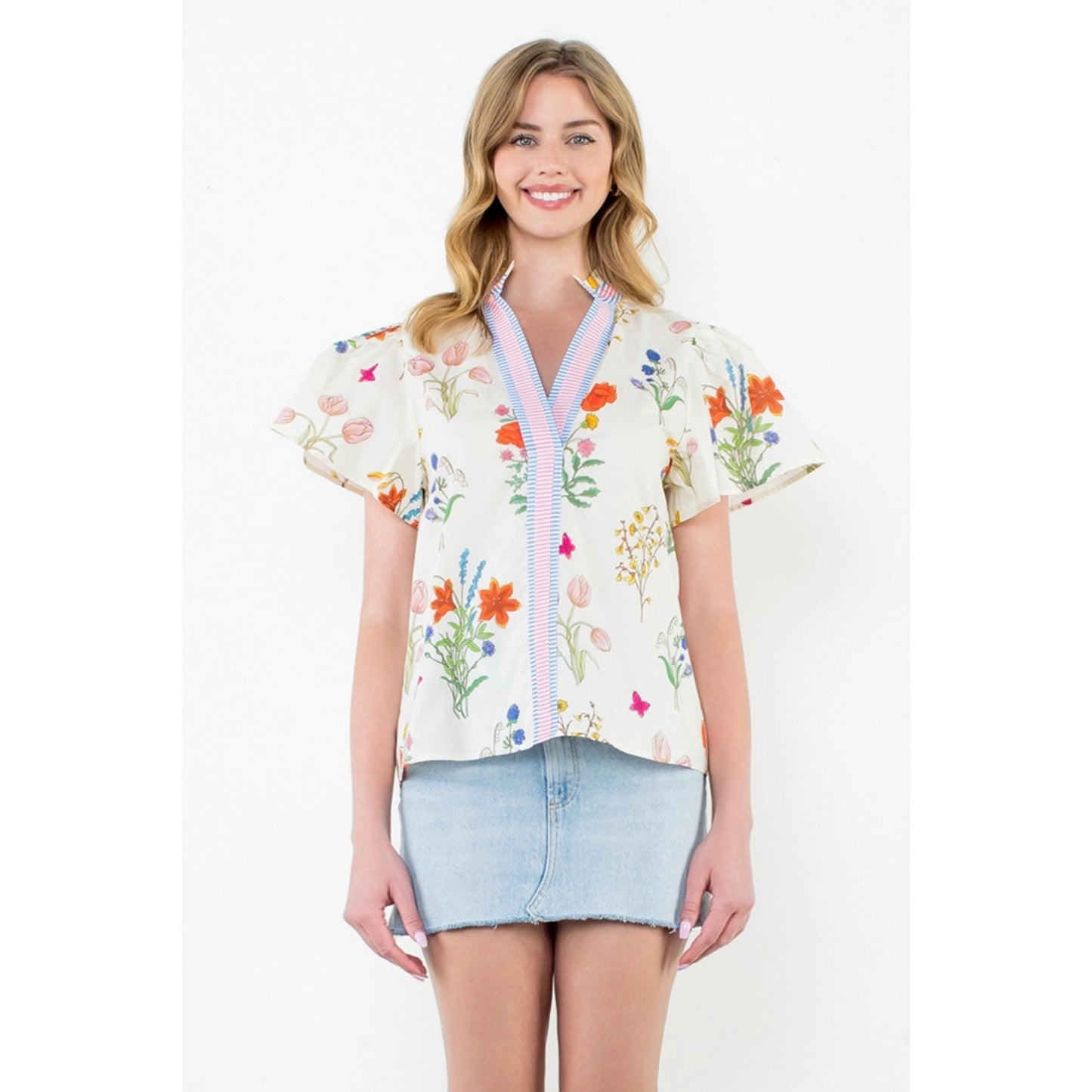 THML - Short Sleeve Floral Top - Cream