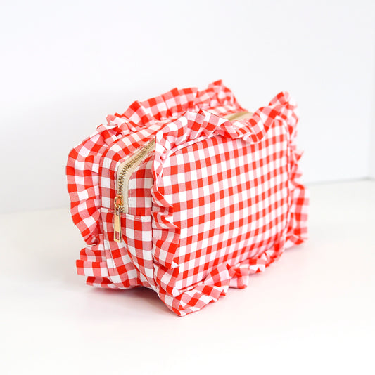 Gingham Ruffle Zipper Pouch Embroidery Friendly Cosmetic Bag - Red - Spinout