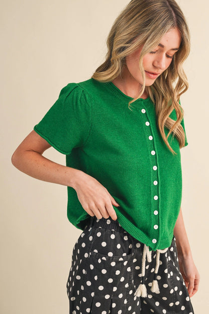 Short Sleeve Sweater Cardigan - Rosemary Green