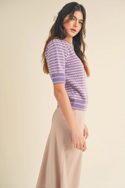 Striped Pointelle Knit Puff Sleeve Sweater - Pink Lavender