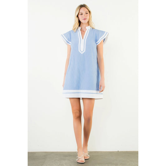 Flutter Sleeve Striped V-Neck Dress - Blue