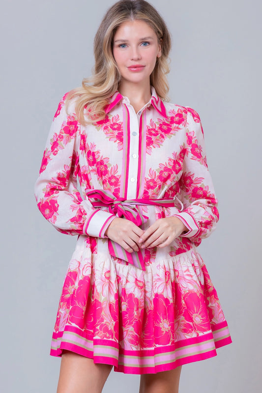 Long Sleeve Button Up Printed Dress w/Self Tie - Pink Multi - Spinout