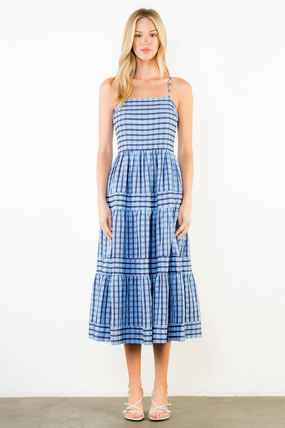 Thin Strap Striped Pattern Tiered Dress - Blue