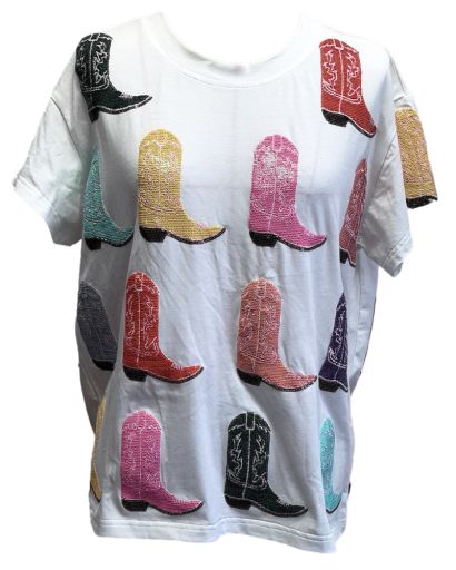 Queen of Sparkles - White Multi Cowboy Boot Tee