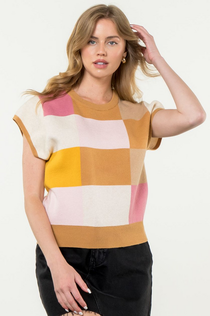 THML - Short Sleeve Checkered Knit Top - Beige