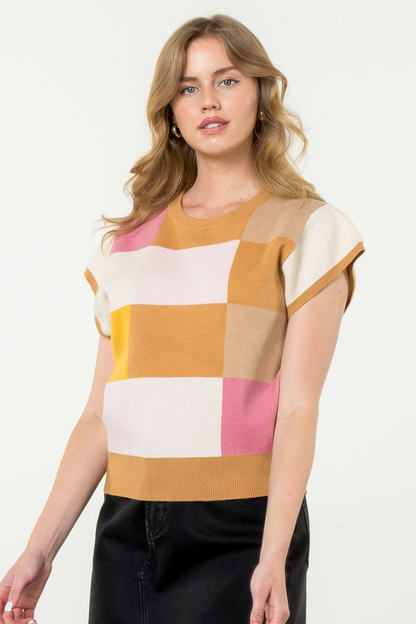 THML - Short Sleeve Checkered Knit Top - Beige