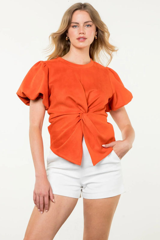 THML - Puff Sleeve Suede Top - Orange