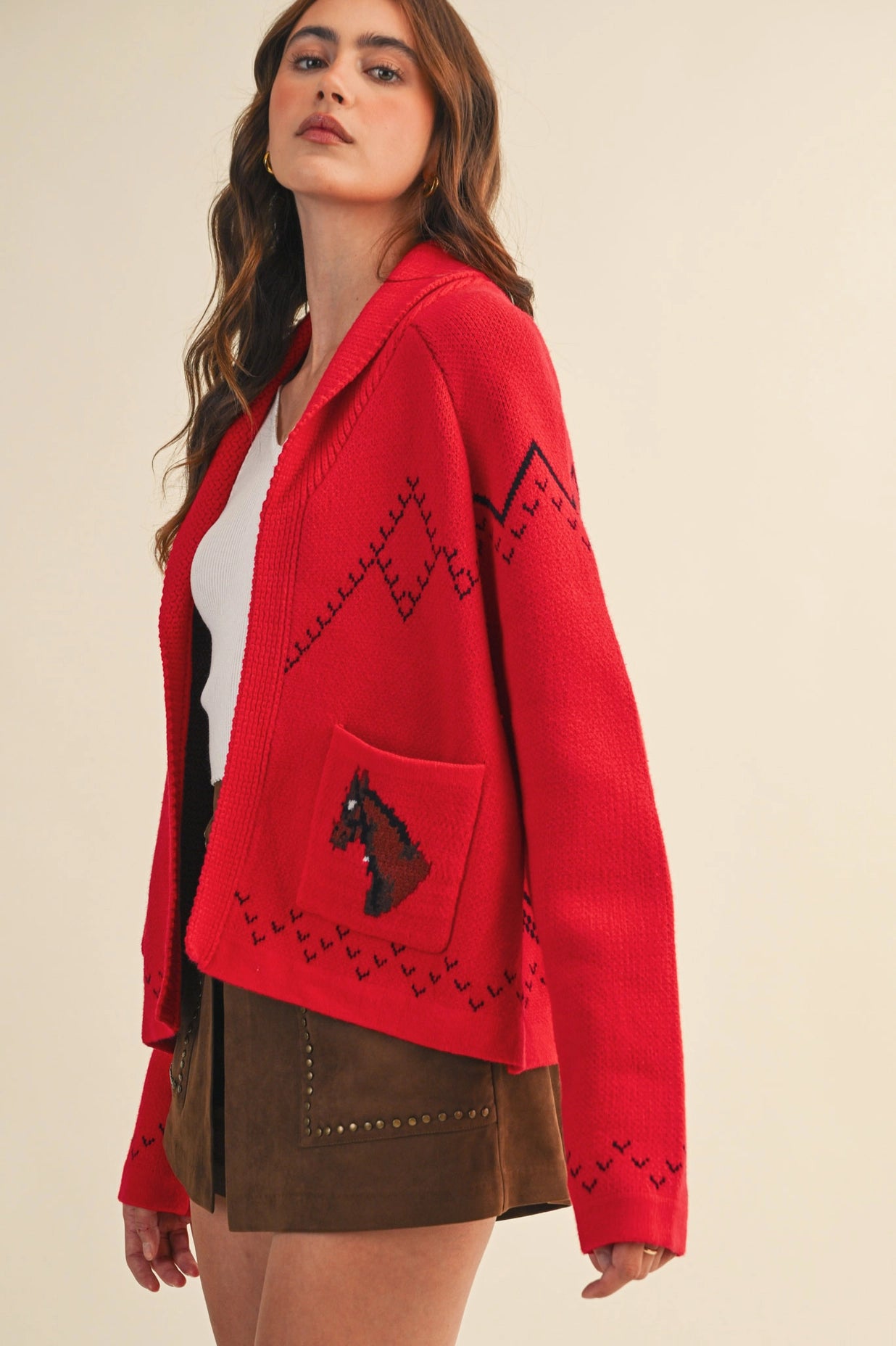 Horse Knit Sweater Cardigan - Red