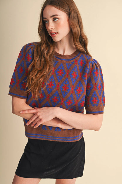 Geometric Knit Short Sleeve Sweater - Blue Brown