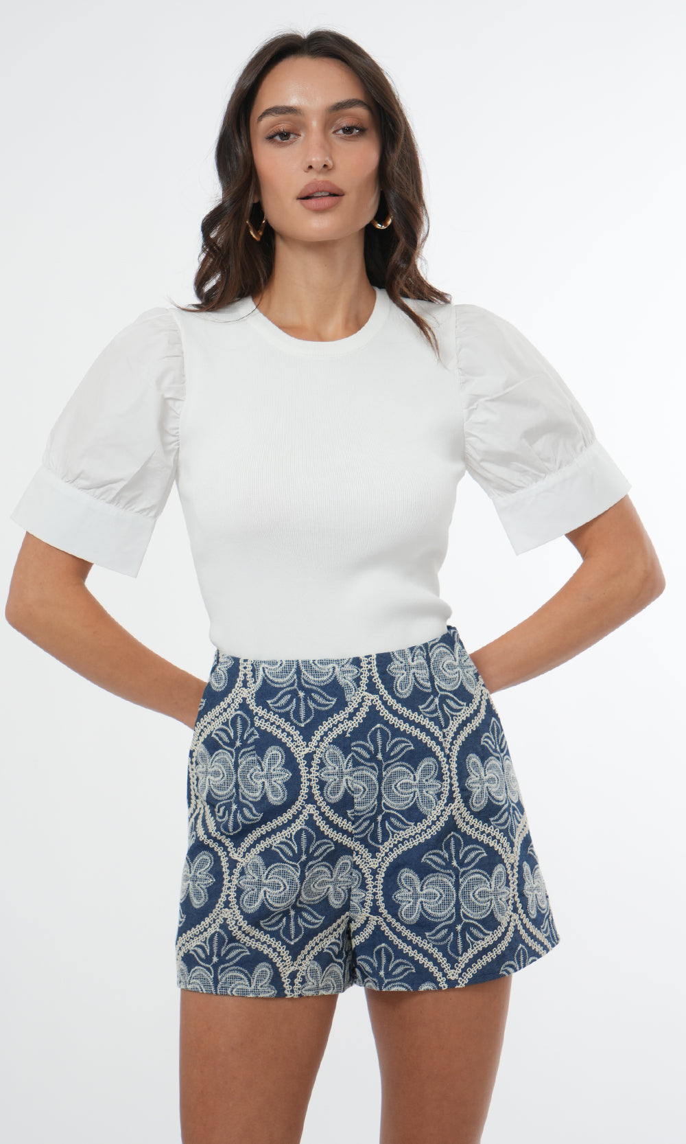 Greylin - Romy High Waist Embroidered Shorts - Blue