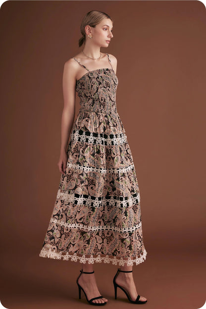 Posh Paisley Eyelet Lace Midi Dress - Black Multi