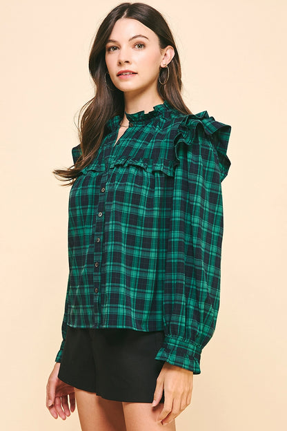 3/4 Sleeves Ruffle Plaid Blouse - Green