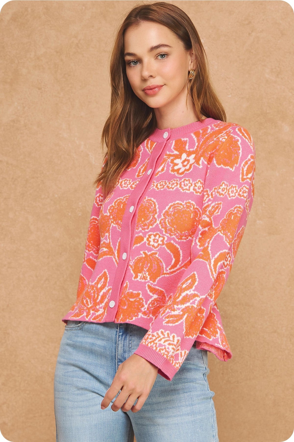 Floral Intarsia Peplum Button Down Cardigan - Pink/Orange