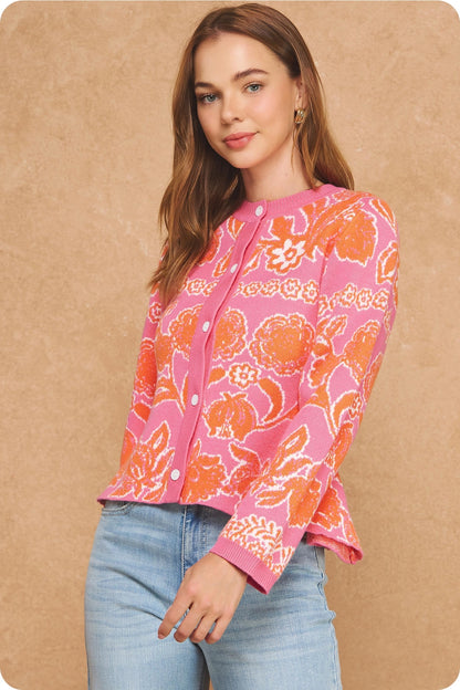 Floral Intarsia Peplum Button Down Cardigan - Pink/Orange