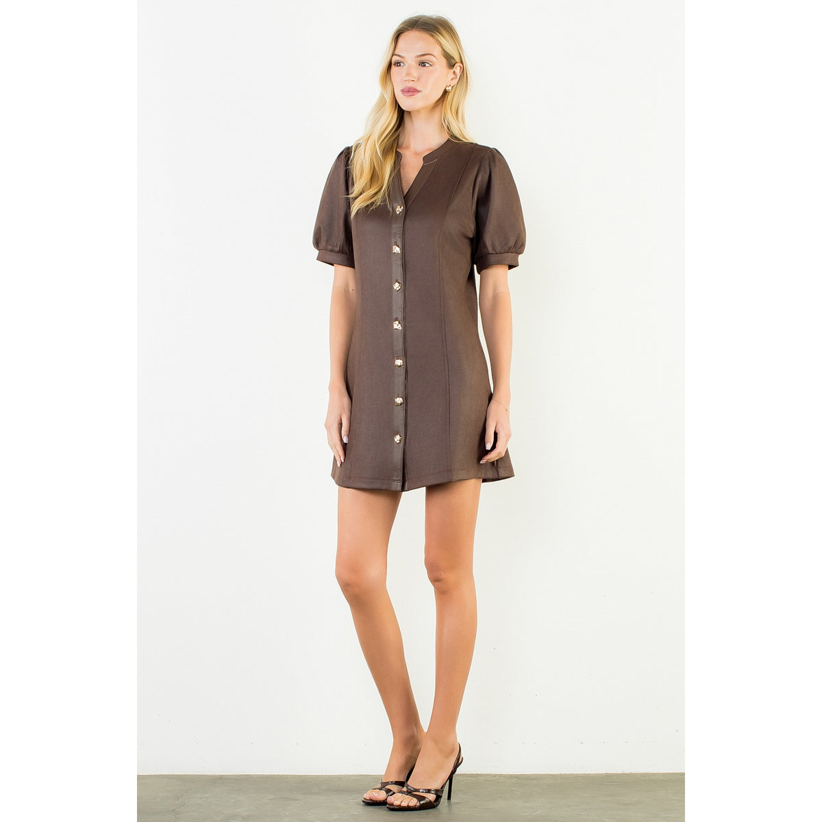 Suede Short Dress with Gold Buttons - Brown