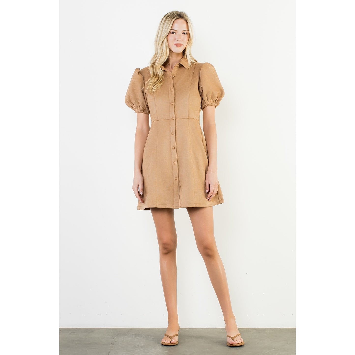 Puff Sleeve Button Up Suede Dress - Camel