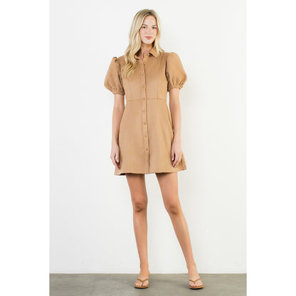 Puff Sleeve Button Up Suede Dress - Camel
