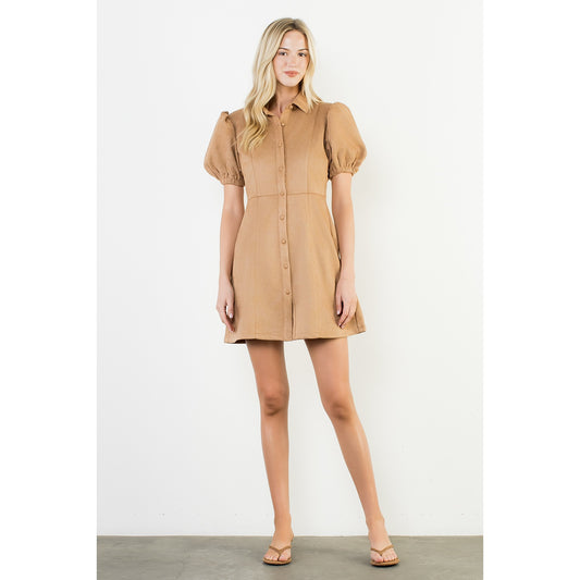 Puff Sleeve Button Up Suede Dress - Camel