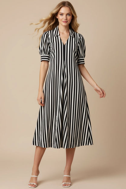 Vertical Striped Midi Dress - Black