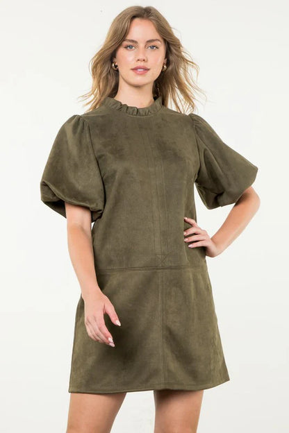 THML - Puff Sleeve Midi Suede Dress - Olive