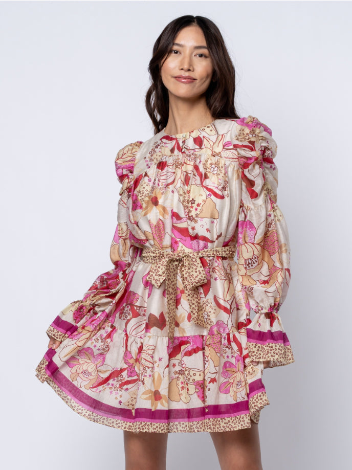 Adele Floral Ruched Sleeve Mini Dress - Pink Multi