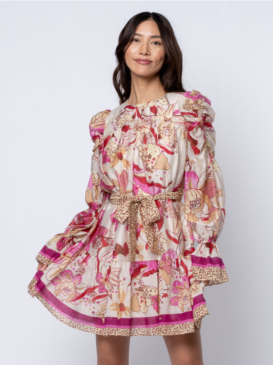 Adele Floral Ruched Sleeve Mini Dress - Pink Multi