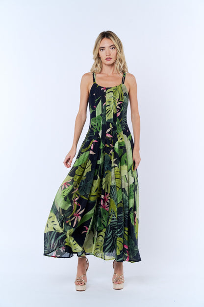 Dorothy Topstitched Gusset Maxi Dress - Green