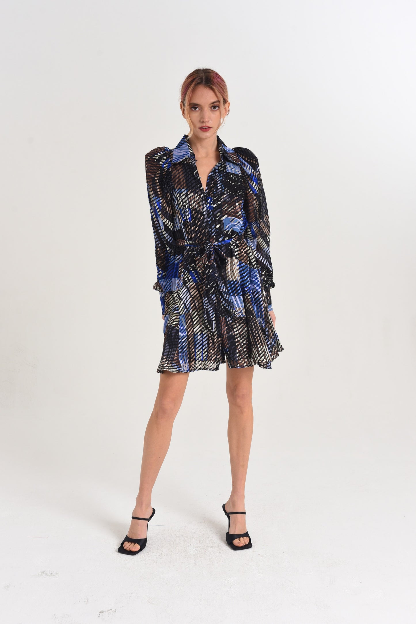 CIEBON - Silvie Printed Satin Burnout Mini Shirt Dress - Blue Multi