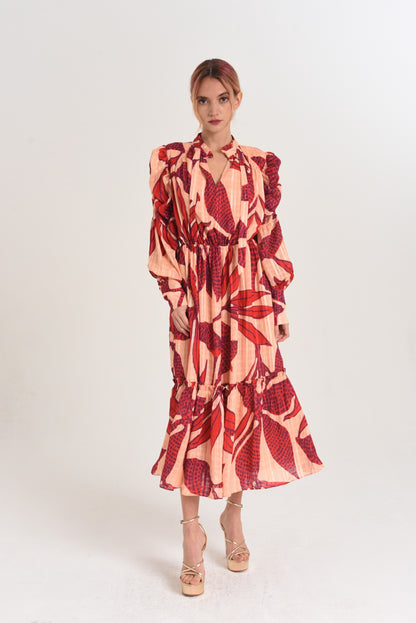 CIEBON - Carla Printed Floral Ruched Sleeve Midi Dress - Red Multi