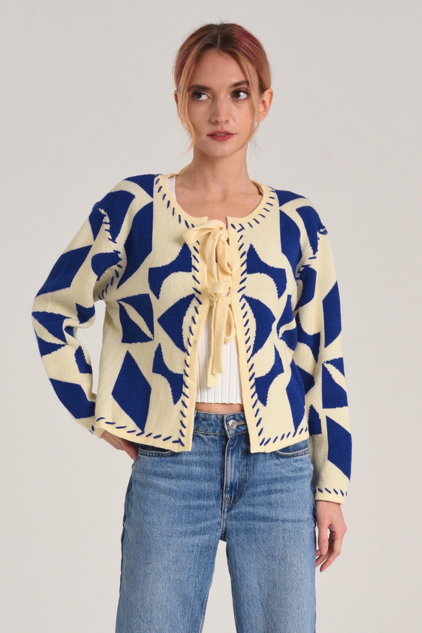 CIEBON - Ana Geo Sweater Tie Crop Cardigan - Blue Multi