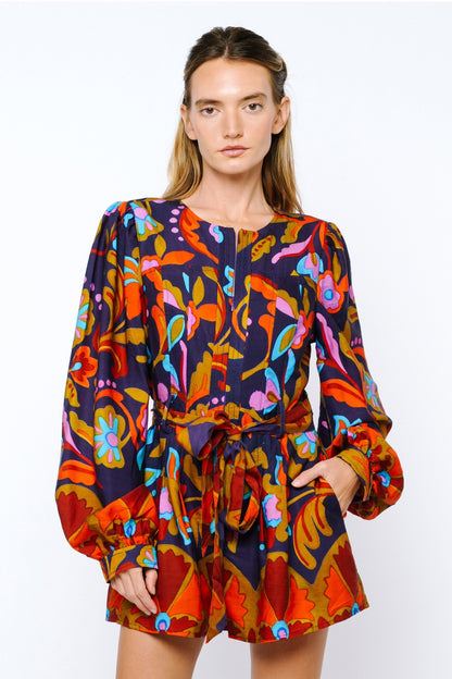 Sophie Belted Long Sleeve Romper - Navy Multi