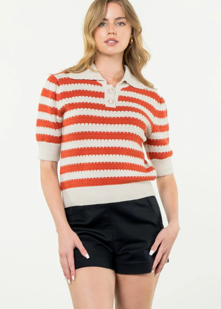 THML - Collared Stripe Knit Top - Cream