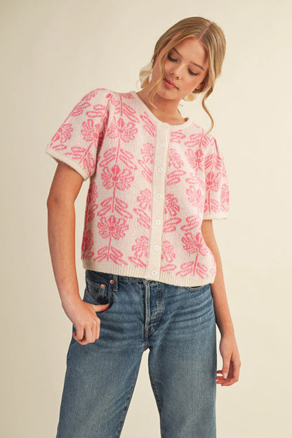 Floral Knit Short Puff Sleeve Sweater Cardigan - Pink