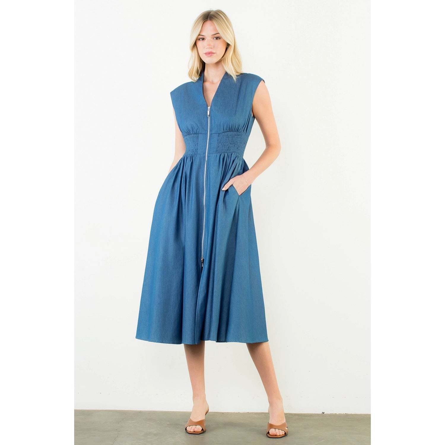 Sleeveless Denim Smocked Waist Dress - Denim Blue