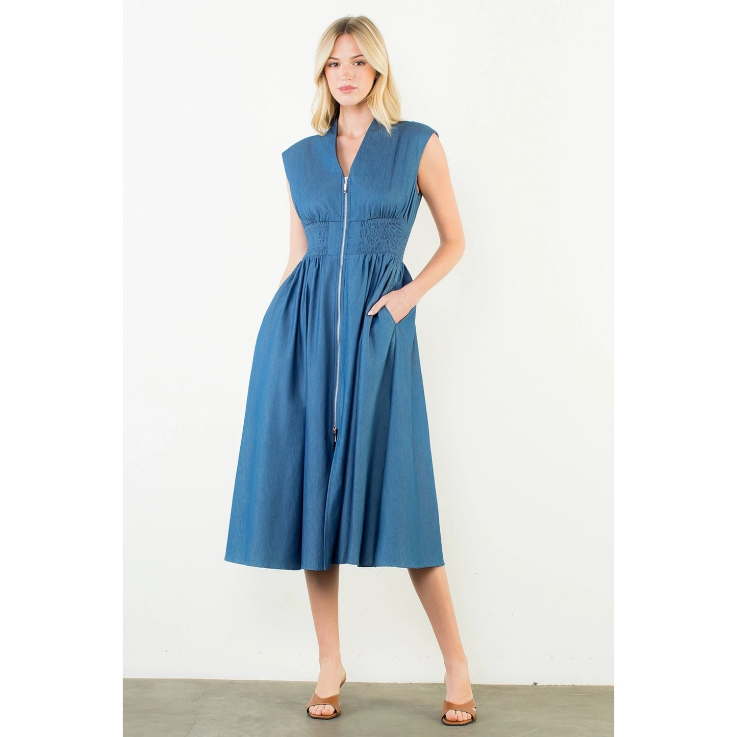 Sleeveless Denim Smocked Waist Dress - Denim Blue