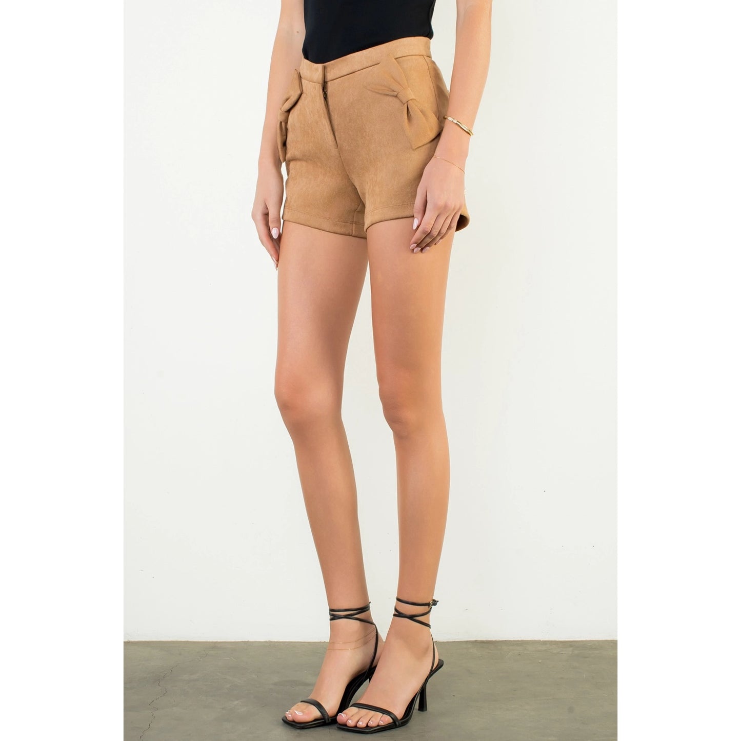 Bow Detail High Waist Suede Shorts - Camel