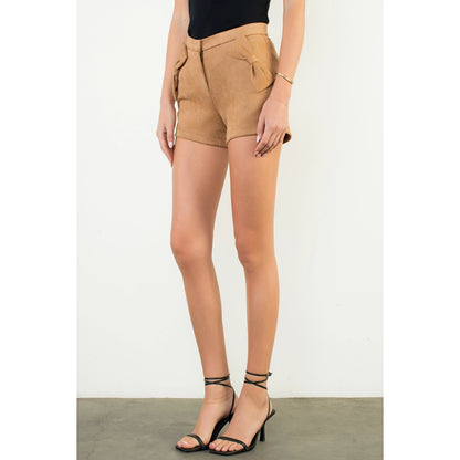 Bow Detail High Waist Suede Shorts - Camel