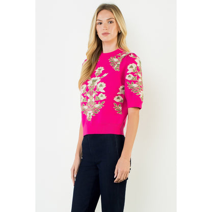 Short Sleeve Floral Pattern Sweater - Pink