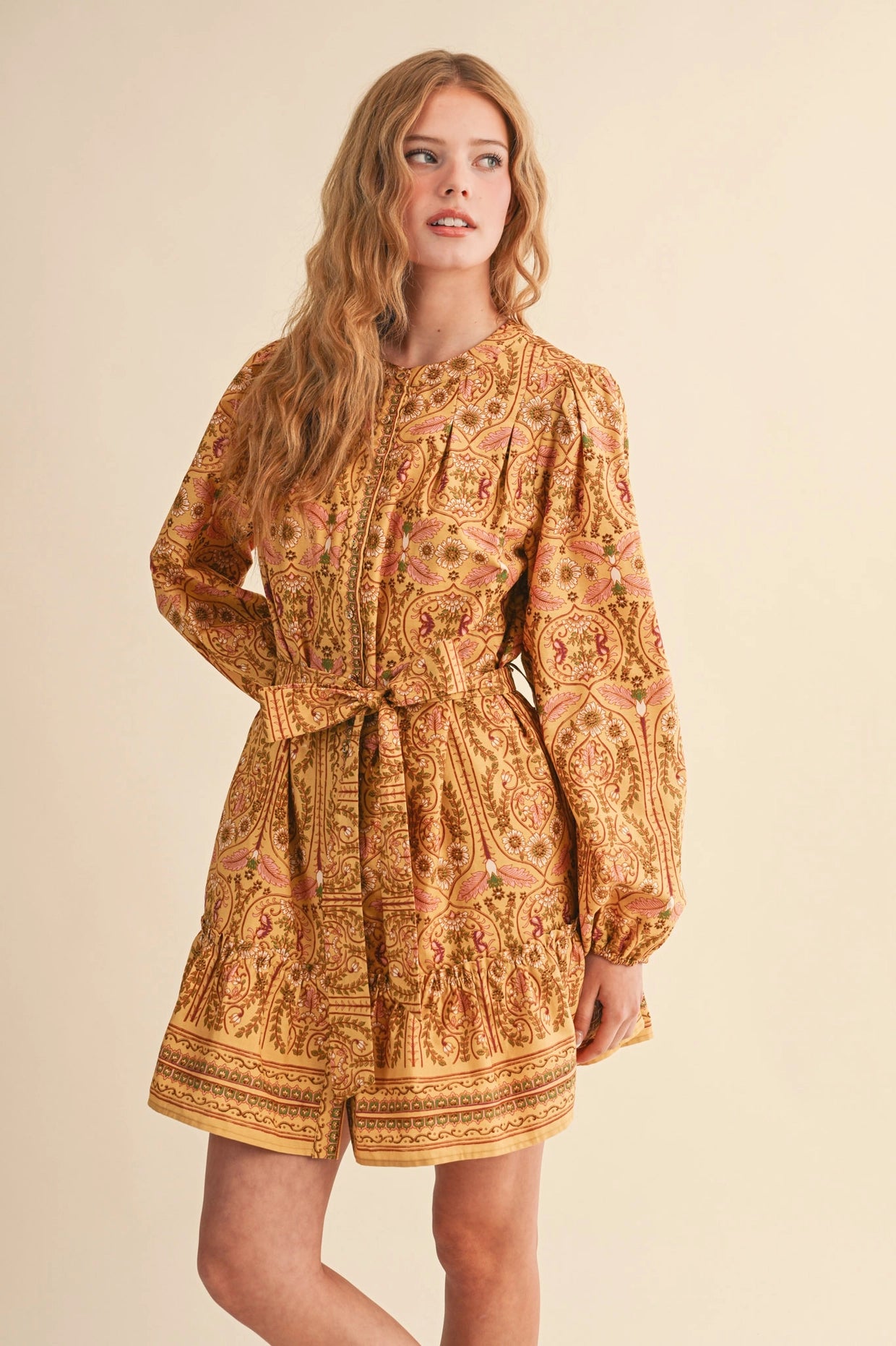 Exclusive Floral Print Button Down Belted Mini Dress - Mustard Multi