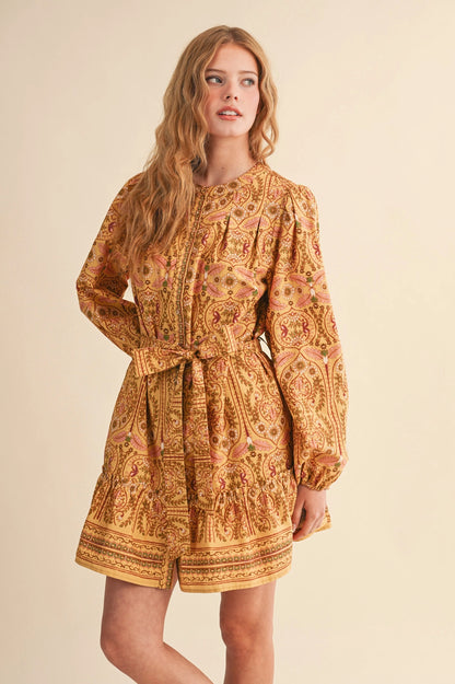 Exclusive Floral Print Button Down Belted Mini Dress - Mustard Multi
