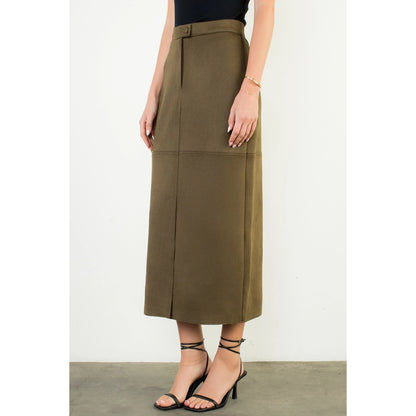 Front Slit Suede Long Skirt - Olive