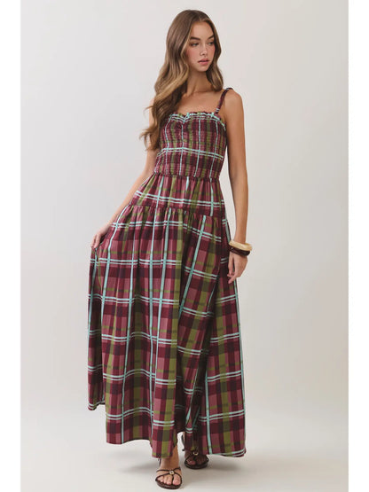 Plaid Smocked Tiered Maxi Dress - Burgundy