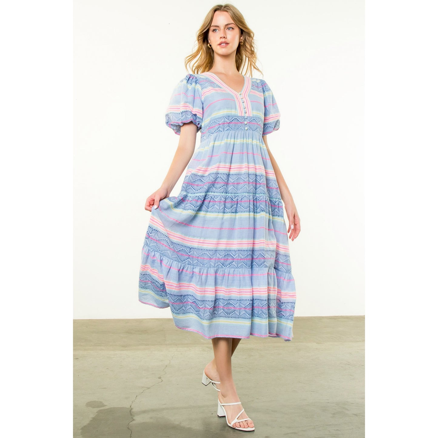 THML - Puff Sleeve Pattern Dress - Blue
