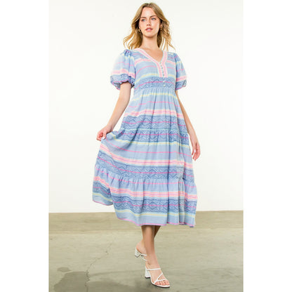 THML - Puff Sleeve Pattern Dress - Blue